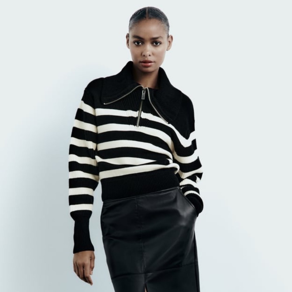 NWT Zara Black and Cream Stripe Half Zip Sweater